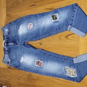 Women's Kancan distressed skinny leg jeans with patches